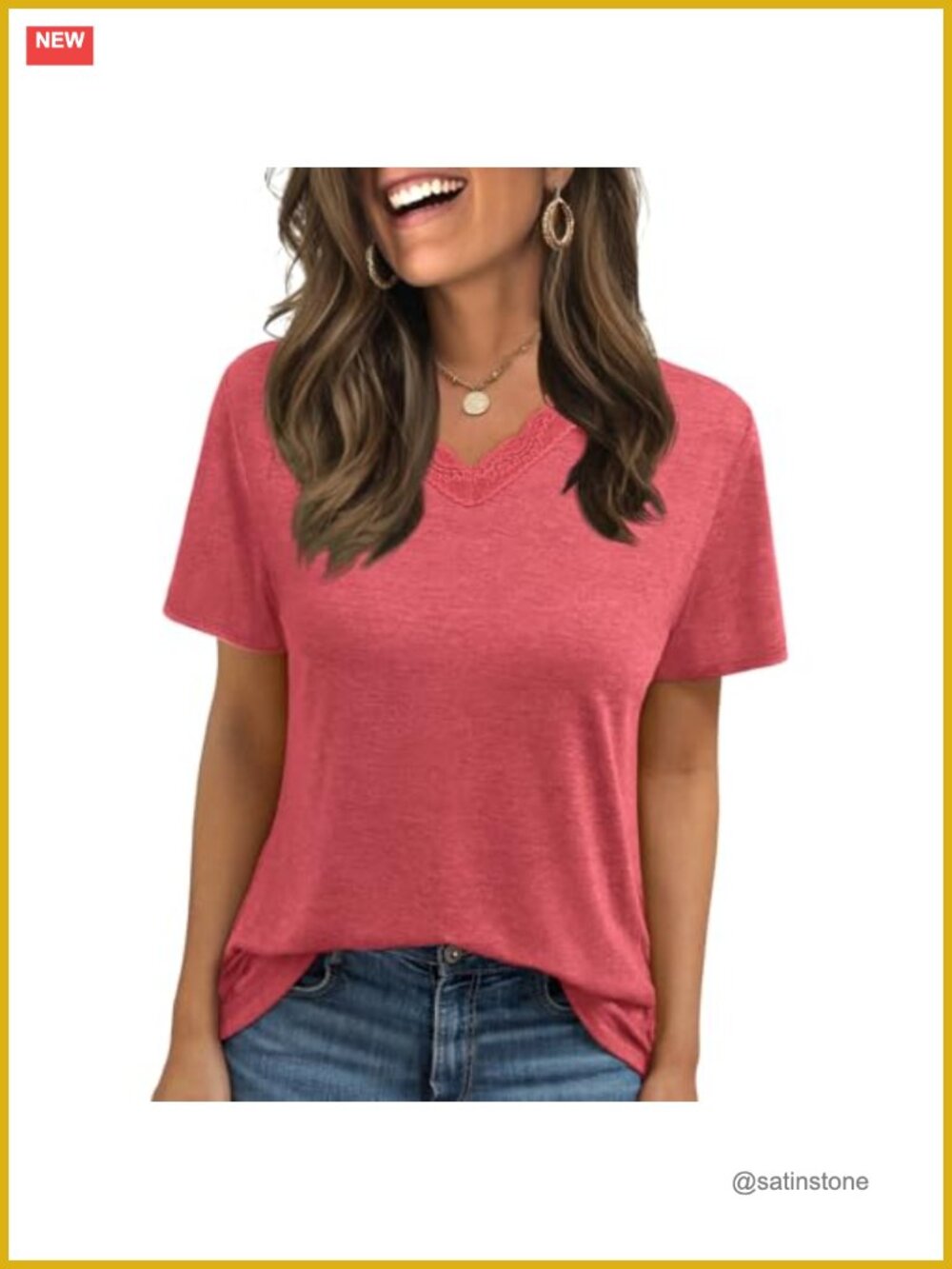 Womens V-Neck Lace Trim Short Sleeve Tee Soft Stretchy Casual Top